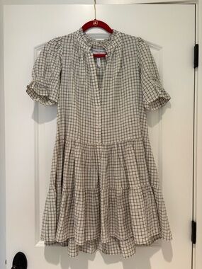 Apiece Apart Cream and Black Check Tiered Button Dress